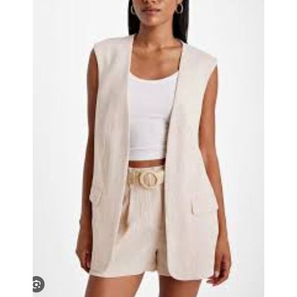 Express Womens Large Sleeveless Open Front Textured Boyfriend Blazer Vest Cream - Picture 1 of 12